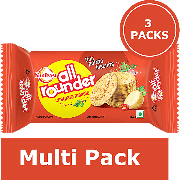 Sunfeast All Rounder - Thin, Light & Crunchy Potato Biscuit With Chatpata Masala Flavour, 75 g (Pack of 3)