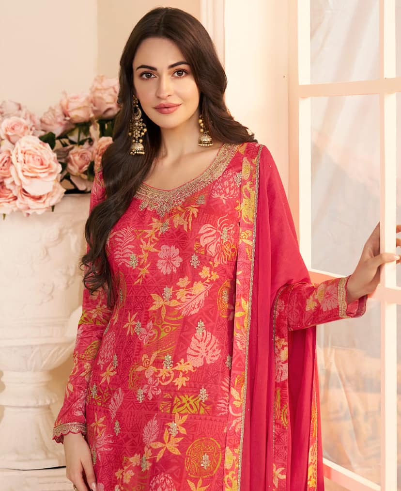 Designer Pink Printed Straight Suit for Women view 2
