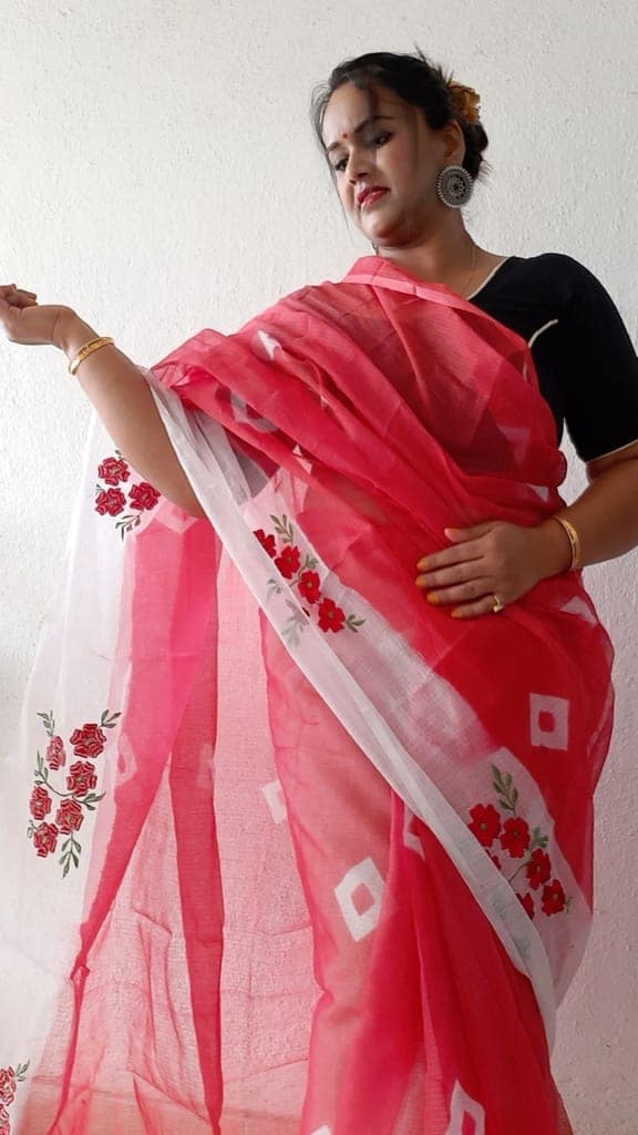 Kota Doria Saree Bandhej and Embroidery Work With Blouse Handcrafted-7518 view 2