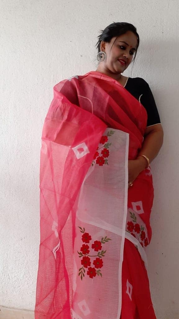 Kota Doria Saree Bandhej and Embroidery Work With Blouse Handcrafted-7518 view 4