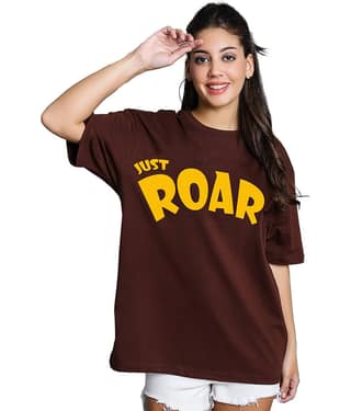Leotude Women Cotton Blend Printed Oversized Fit Round Neck T-Shirt ( Brown )