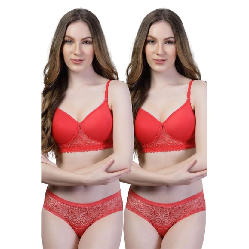 Pack of 2 Cotton Lace Bra Panty Set | Women�s Padded Lingerie Innerwear