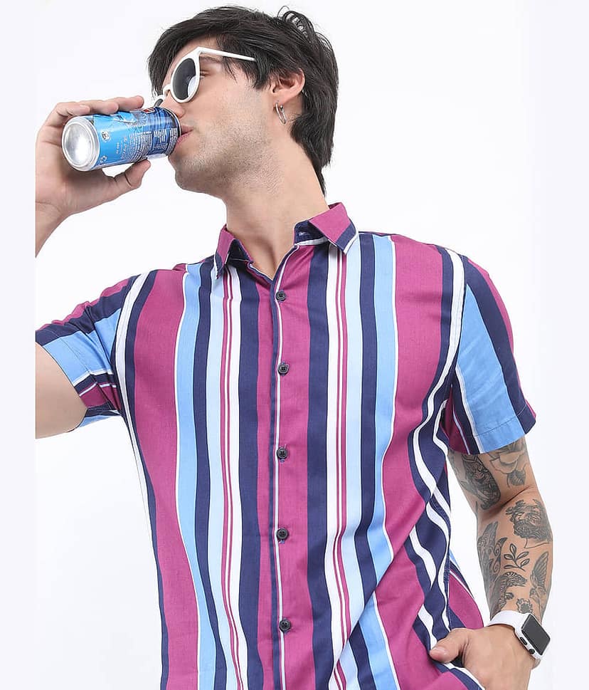 Ketch 100% Cotton Regular Fit Striped Half Sleeves Men's Casual Shirt - Pink ( Pack of 1 ) view 6