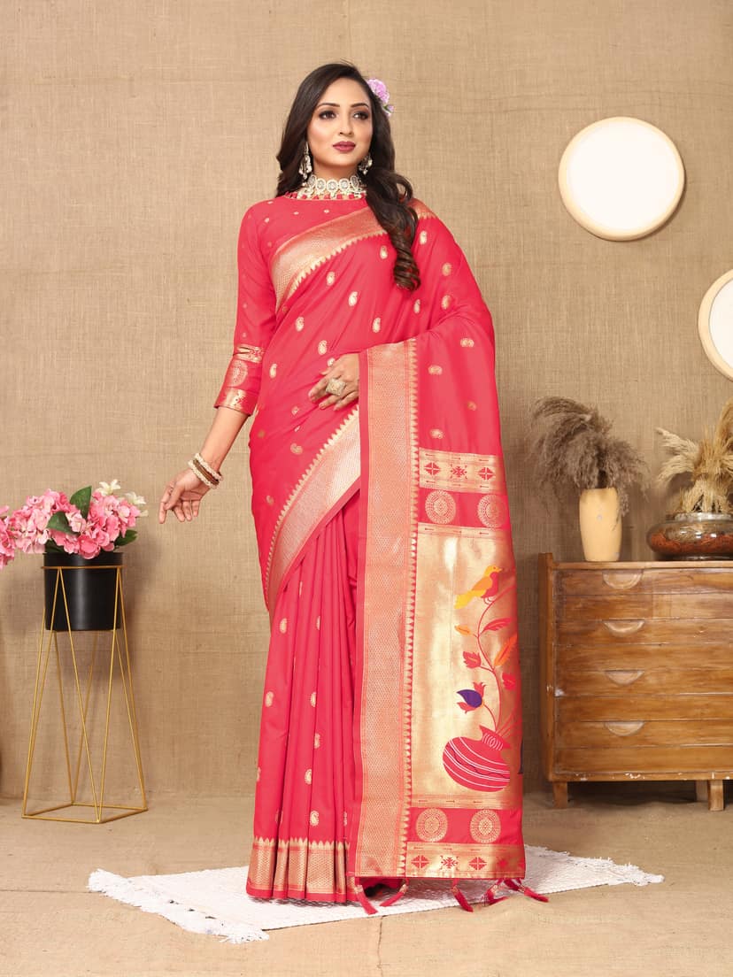 Soft Paithani silk saree with zari weawing desi...