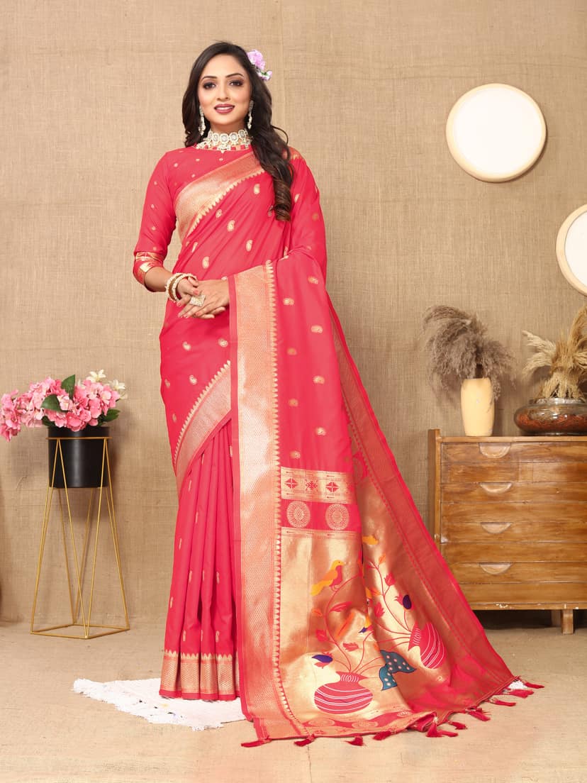 Soft Paithani silk saree with zari weawing desi... view 2