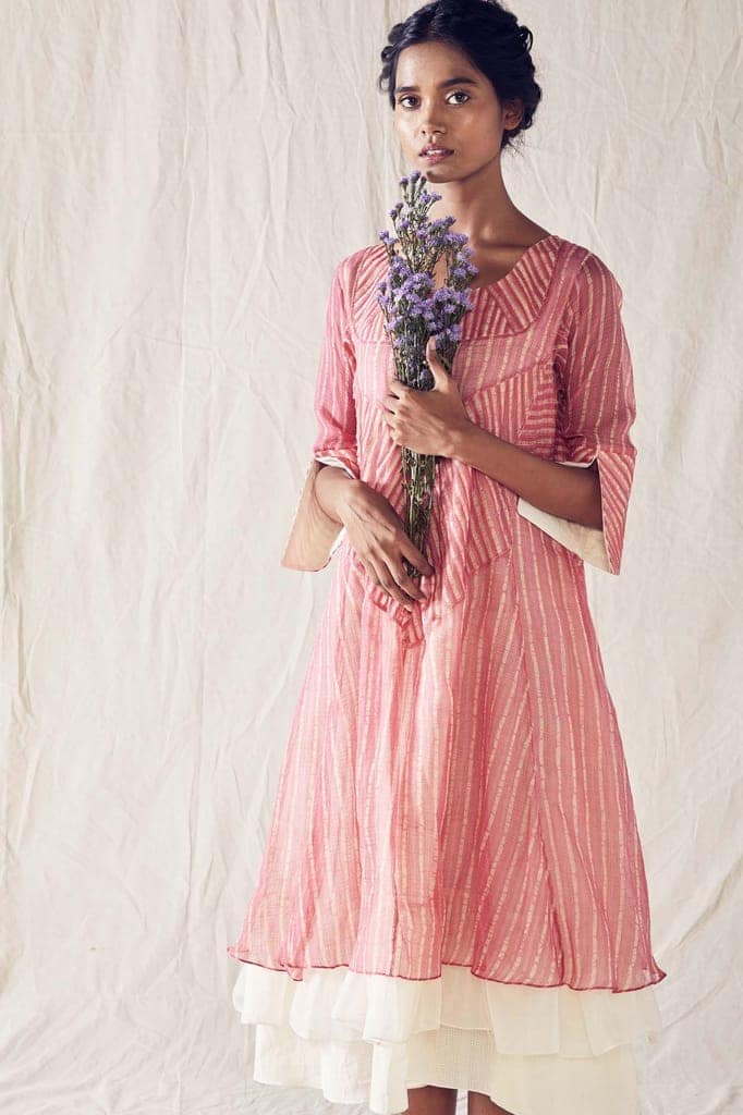 Dusted Pink Batik Layered Midi Dress On Handloom Kota Doria And Off White Checks Cotton Khadi Mulmul view 3