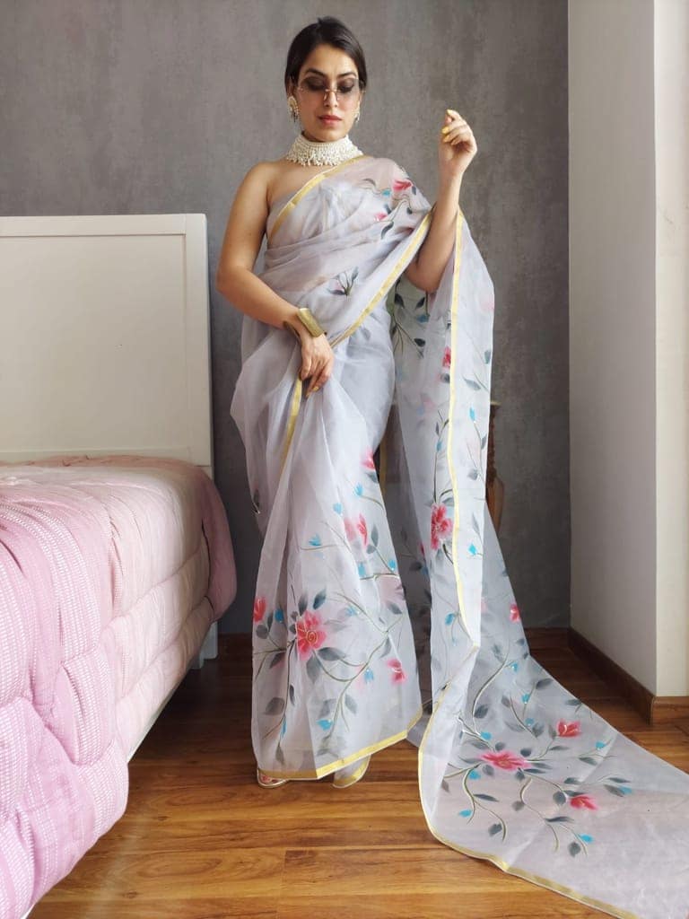 Organza Silk Saree Off-White Color Hand Painted with running blouse-9981 view 2