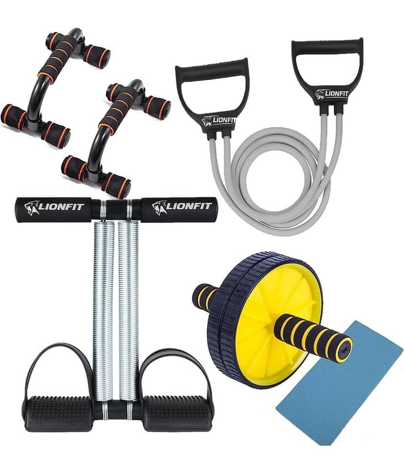 LionFit ® 4-in- Home Gym Kit Combo for Men & Women | Double Spring Tummy Trimmer, Push-Up Bars, Resistance Tube, Ab Roller with Knee Mat | Full Body Workout & Fitness Equipment