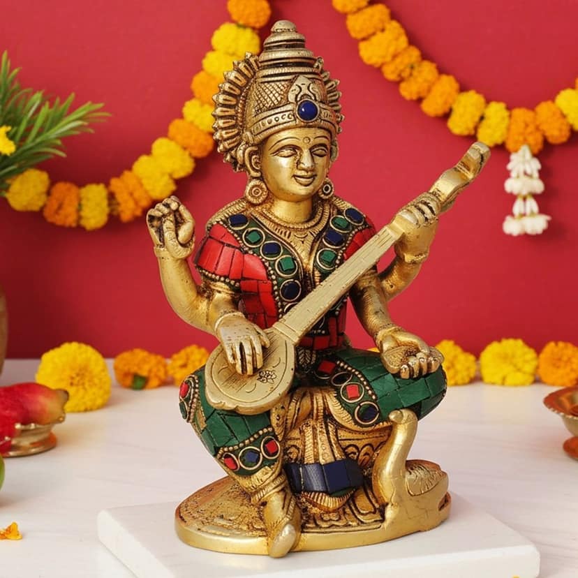 Brass Laxmi?Ganesh?Saraswati Idol Set with Stone Finish - Luxury Showpiece, Height : 6.5 Inch (BSMAS1006 S) view 2