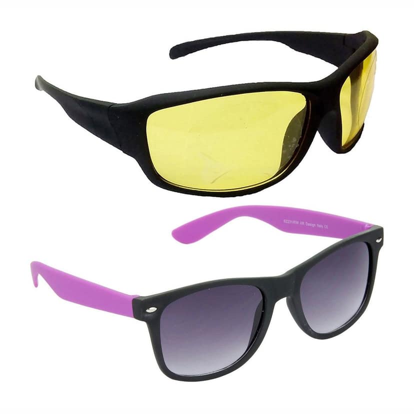 HRINKAR Men Women Boys & Girls Pilot Sunglasses Black & Violet Frame, Yellow & Grey Lens (Medium) Pack of - 2