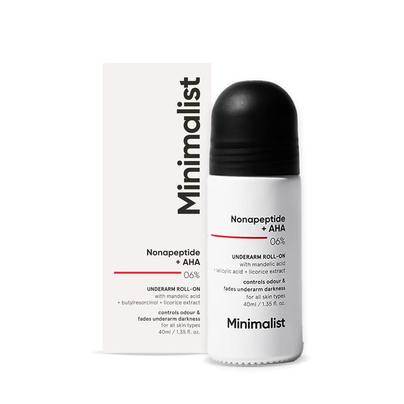 Minimalist Underarm Roll On Deodorant with Nonapeptide + AHA BHA 06% | Controls Odour & Fades Darkness | Fragrance & Aluminium Free | Exfoliating Deo For Women & Men | 40ml Minimalist Underarm Roll On Deodorant with Nonapeptide + AHA BHA 06% | Controls O