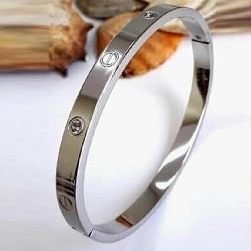 Classic Stainless Steel Love Band Bracelet | Anti-Tarnish, Cubic Zirconia Studded Bangle Kada | Latest Stylish Gifts for Women and Girls view 2