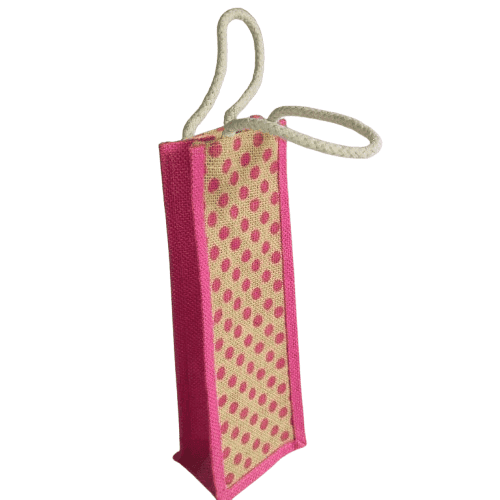 Pink Polka Dot Jute Bottle Bag view 2