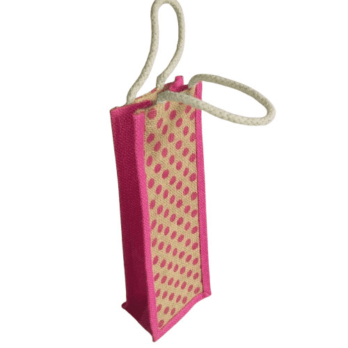 Pink Polka Dot Jute Bottle Bag view 3