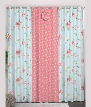 chhavi india Floral Semi-Transparent Eyelet Curtain 7 ft ( Pack of 3 ) - Light Blue