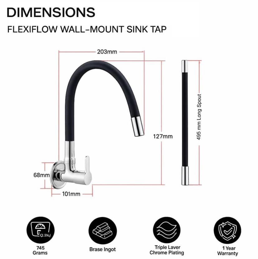 Hyenas Brass Wall Mount Sink Cock Tap/Sink Faucet with Black 360 Degree Flexible Silicon Swivel Spout Hot/Cold Water for Kitchen Sink, Wash Basin, Black Chrome Finish view 2
