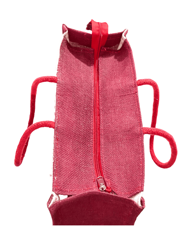 Eco-Friendly Jute Shopping Bag | Maroon Checkered Pattern Tote with Zipper (Medium) T view 2