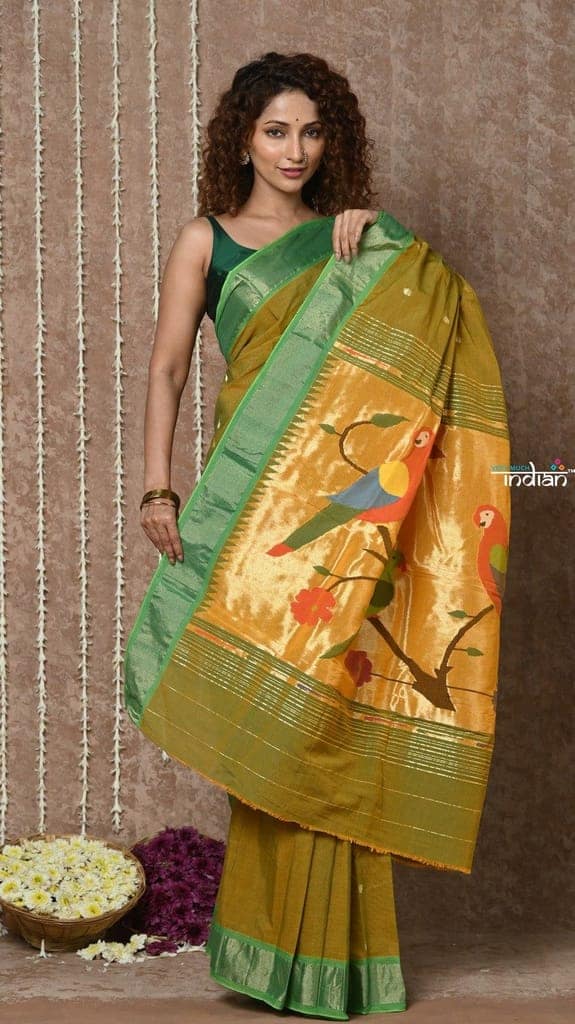Tyohaar ~ Handloom Pure Cotton Paithani Saree with Traditional Parrot Pallu ~ Dual Tone Green Yellow view 2