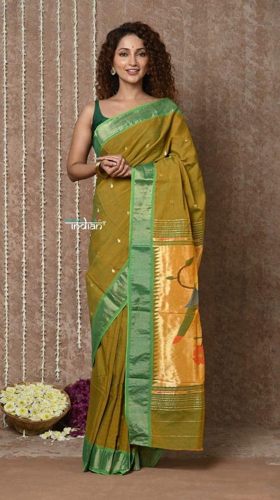 Tyohaar ~ Handloom Pure Cotton Paithani Saree with Traditional Parrot Pallu ~ Dual Tone Green Yellow view 3