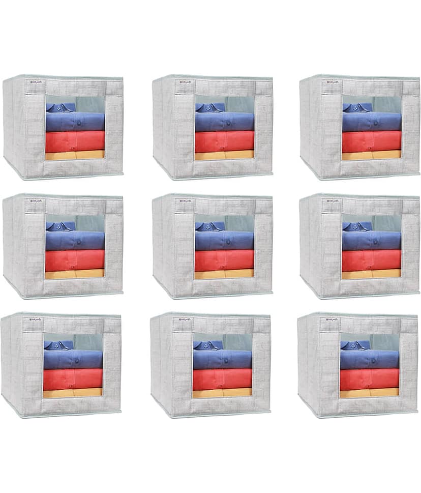 PrettyKrafts Toys Organizer,Shirt Stacker Closet, Fabric Storage Boxes for Shelf, Stackable Closet Bins for Toys & Kids Books with Transparent Window (Pack of 9) Jute Grey