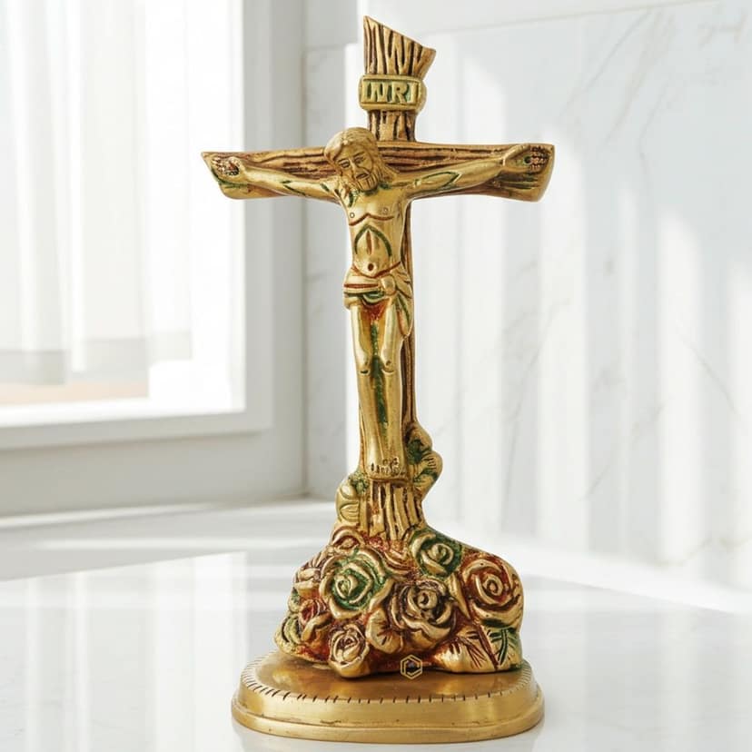 Brass Showpiece Jesus & Cross God Idol Statue - Antique Finish Spiritual Showpiece For Worship, Height : 8 Inch (BSMAS971 B) view 2