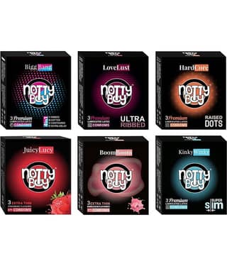NottyBoy 4in1 Dotted Ribbed Contoured OverTime, Ultra Ribbed, Raised Dots, Extra Thin, Bubblegum and Strawberry Flavoured Condom- (Set of 6,18 Sheets)