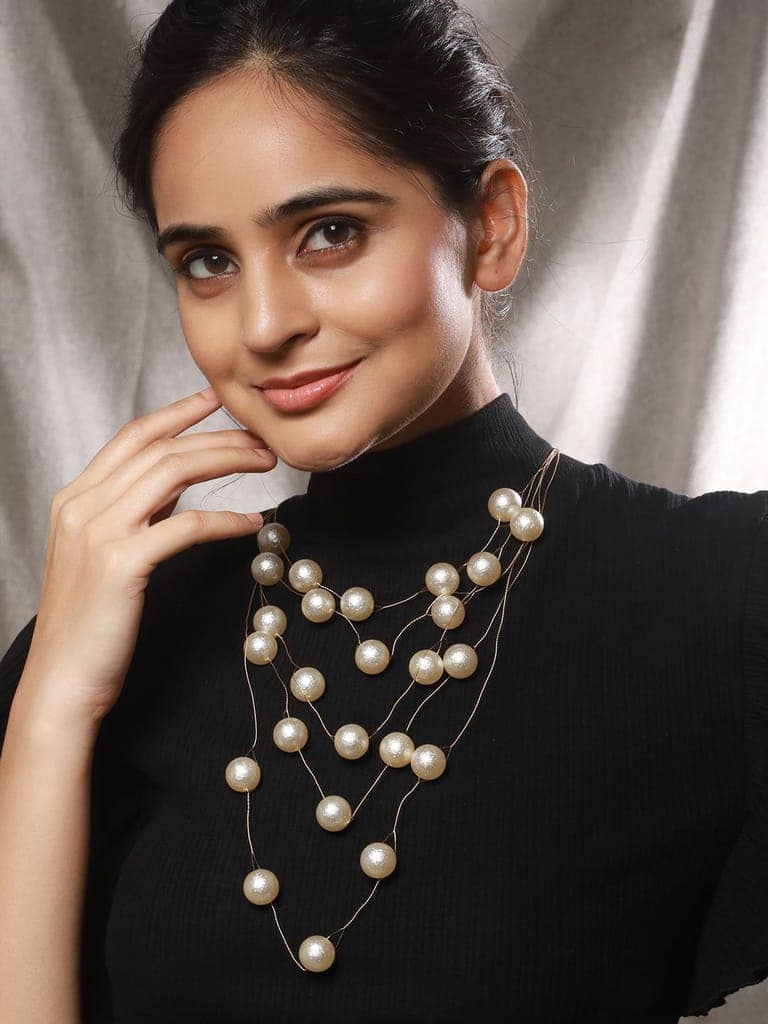 Anti-Tarnish Gold Toned Minimal Round Pearl Layered Necklace & Chain view 2