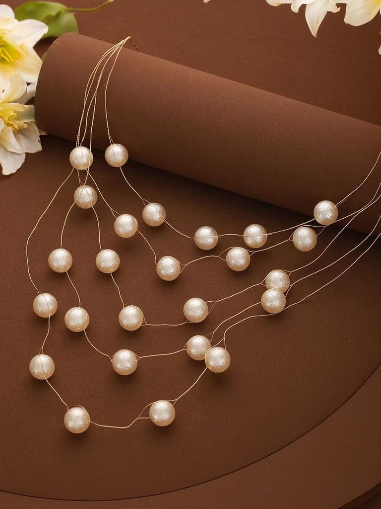 Anti-Tarnish Gold Toned Minimal Round Pearl Layered Necklace & Chain view 6