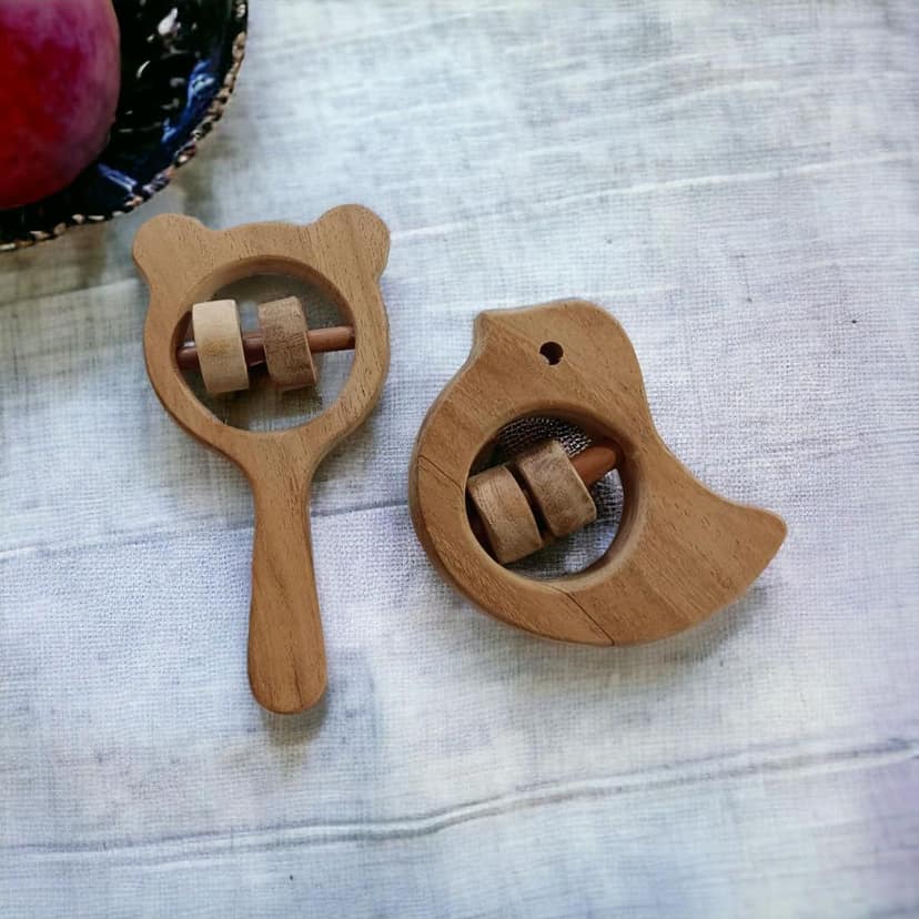 Neem Wooden Sound Making Rattles - Dove & Mickey Head Shapes view 2