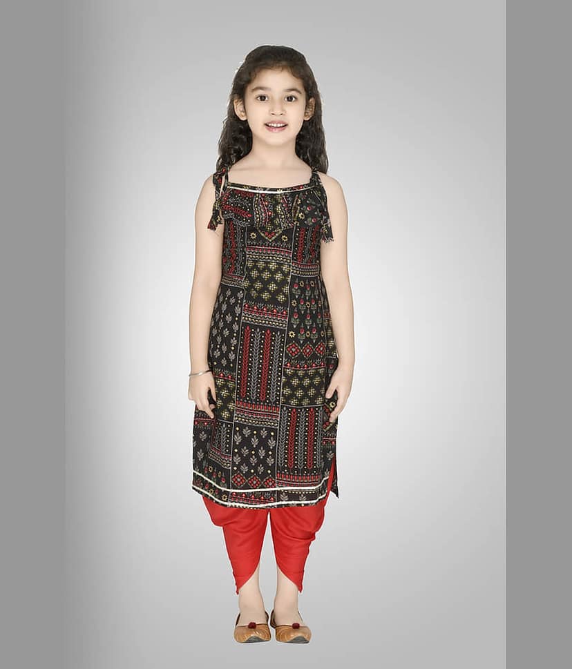 Cherry Tree Girls Rayon Patiala Kurta Set ( Pack of 1 , Black )