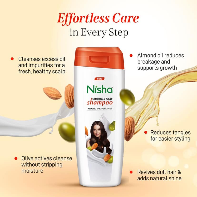 Nisha Smooth & Silky Shampoo for Women Men 75ml Pack of 4, Almond & Olive Actives Shampoo for Naturally Soft Silky Hair view 5