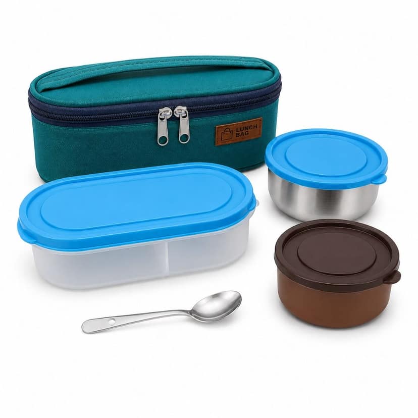 V3Deals Plastic Lunch Box with Steel & Plastic Bowls, Spoon & Carry Bag, Food Grade Plastic, Large Steel Bowl, Large Plastic Bowl, Spoon, Carry Bag, 2 Bowl Combo, Compact & Portable ( Premium Lunch Set 3)