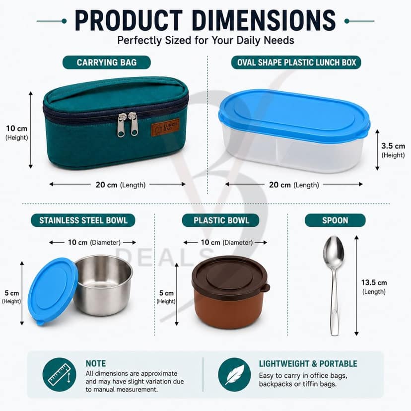 V3Deals Plastic Lunch Box with Steel & Plastic Bowls, Spoon & Carry Bag, Food Grade Plastic, Large Steel Bowl, Large Plastic Bowl, Spoon, Carry Bag, 2 Bowl Combo, Compact & Portable ( Premium Lunch Set 3) view 3