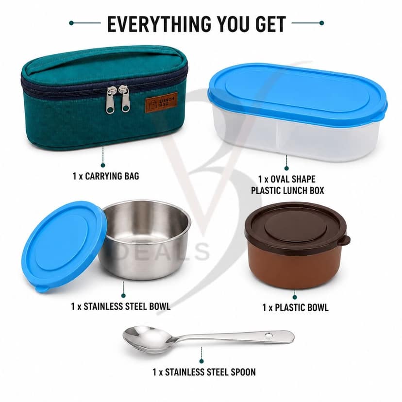 V3Deals Plastic Lunch Box with Steel & Plastic Bowls, Spoon & Carry Bag, Food Grade Plastic, Large Steel Bowl, Large Plastic Bowl, Spoon, Carry Bag, 2 Bowl Combo, Compact & Portable ( Premium Lunch Set 3) view 4