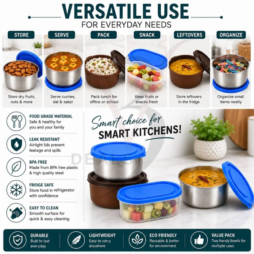 V3Deals Plastic Lunch Box with Steel & Plastic Bowls, Spoon & Carry Bag, Food Grade Plastic, Large Steel Bowl, Large Plastic Bowl, Spoon, Carry Bag, 2 Bowl Combo, Compact & Portable ( Premium Lunch Set 3) view 5