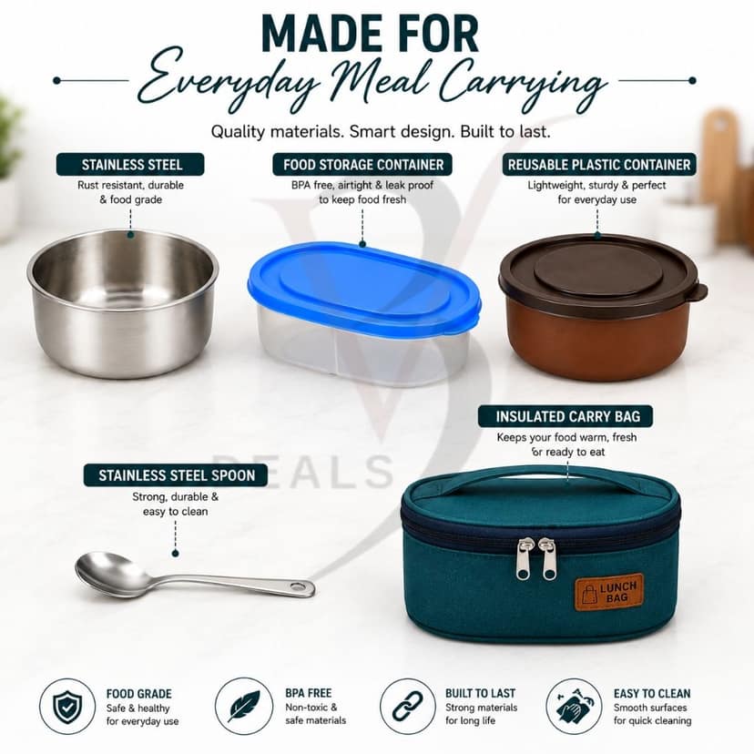 V3Deals Plastic Lunch Box with Steel & Plastic Bowls, Spoon & Carry Bag, Food Grade Plastic, Large Steel Bowl, Large Plastic Bowl, Spoon, Carry Bag, 2 Bowl Combo, Compact & Portable ( Premium Lunch Set 3) view 6