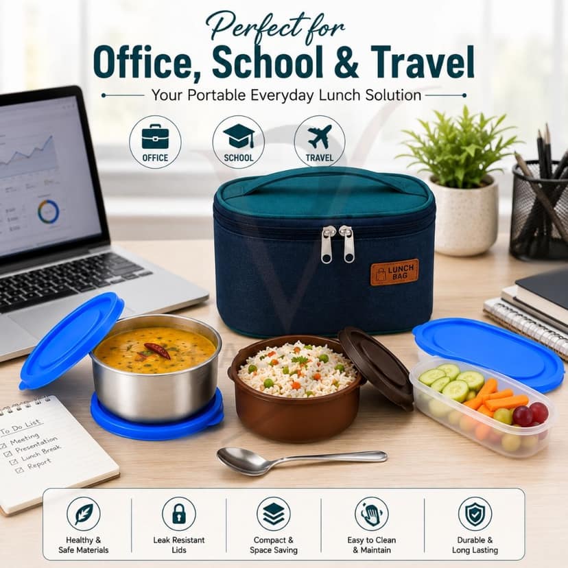 V3Deals Plastic Lunch Box with Steel & Plastic Bowls, Spoon & Carry Bag, Food Grade Plastic, Large Steel Bowl, Large Plastic Bowl, Spoon, Carry Bag, 2 Bowl Combo, Compact & Portable ( Premium Lunch Set 3) view 7