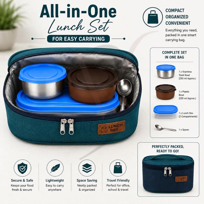 V3Deals Plastic Lunch Box with Steel & Plastic Bowls, Spoon & Carry Bag, Food Grade Plastic, Large Steel Bowl, Large Plastic Bowl, Spoon, Carry Bag, 2 Bowl Combo, Compact & Portable ( Premium Lunch Set 3) view 9