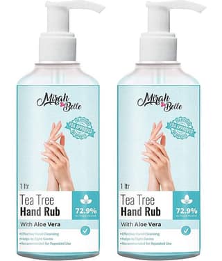 Mirah Belle - Tea Tree & Aloe Vera Hand Rub (1000 ml), (72.9% Alcohol) Hand Sanitizer 1000 mL Pack of 2