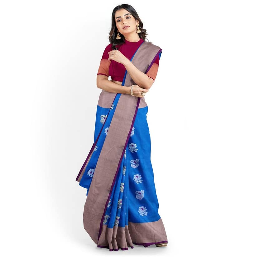 Blue Color Medium Border Mango & Floral Butta Kanjivaram Pure Silk Saree view 2