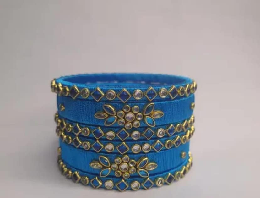 Blue Silk Thread Bangle Set with Stone and Pearl Embellishment
