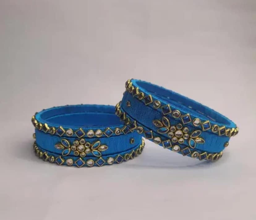 Blue Silk Thread Bangle Set with Stone and Pearl Embellishment view 2