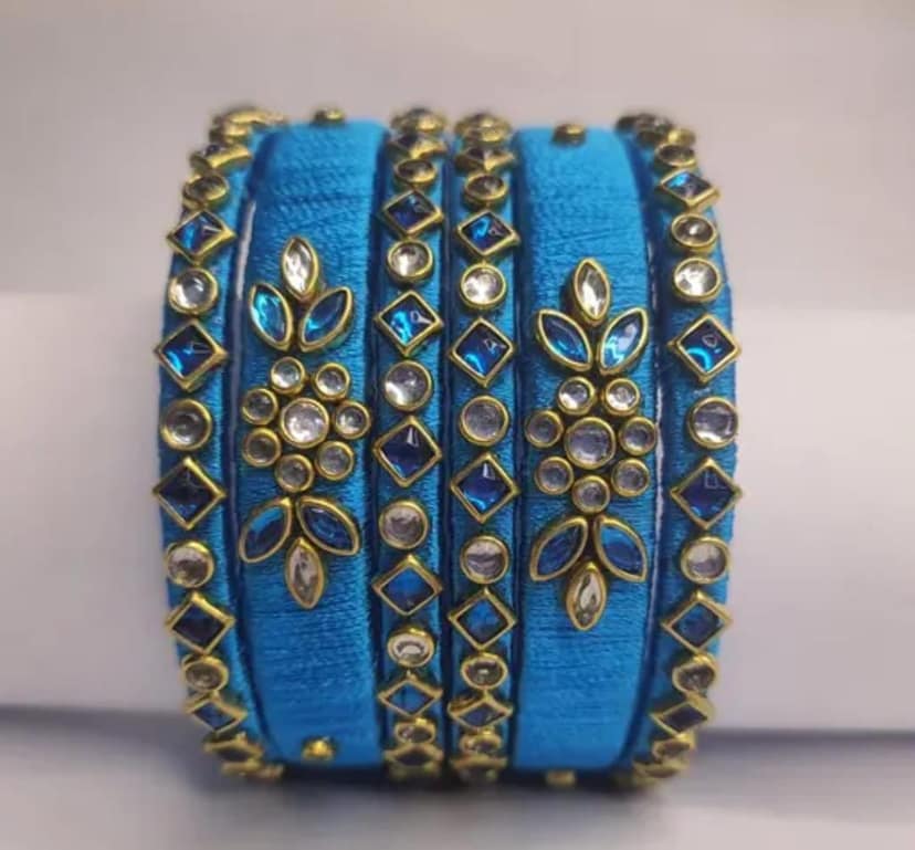 Blue Silk Thread Bangle Set with Stone and Pearl Embellishment view 3