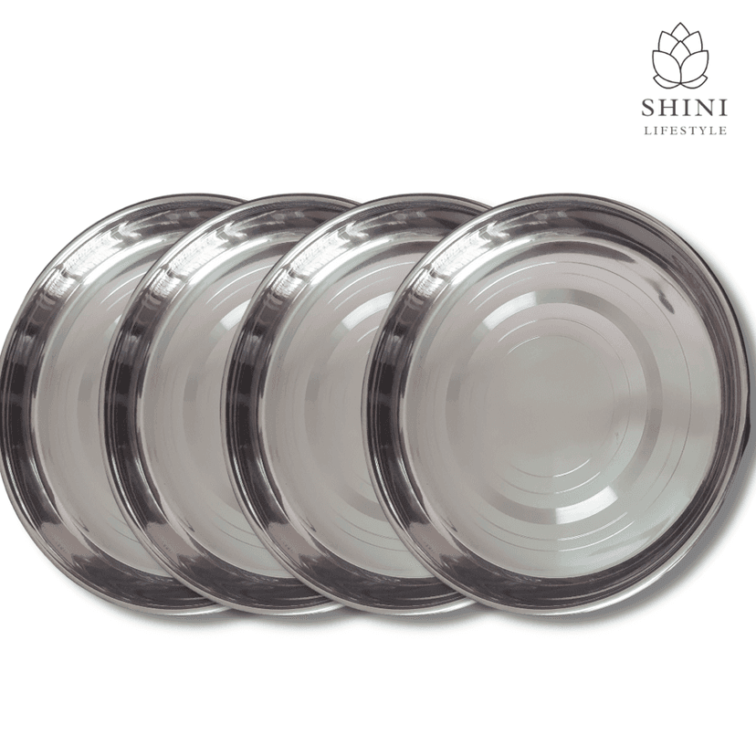 SHINI LIFESTYLE Stainless Steel Plate, khumcha, Thali, laser design, mid size dinner plate 4pc