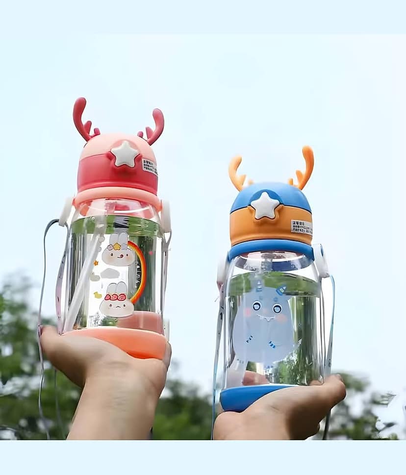 SARVASHVA TRENDS Cartoon Water Bottle with Straw Multicolour Plastic School Water Bottle 600 mL ( Set of 1 )