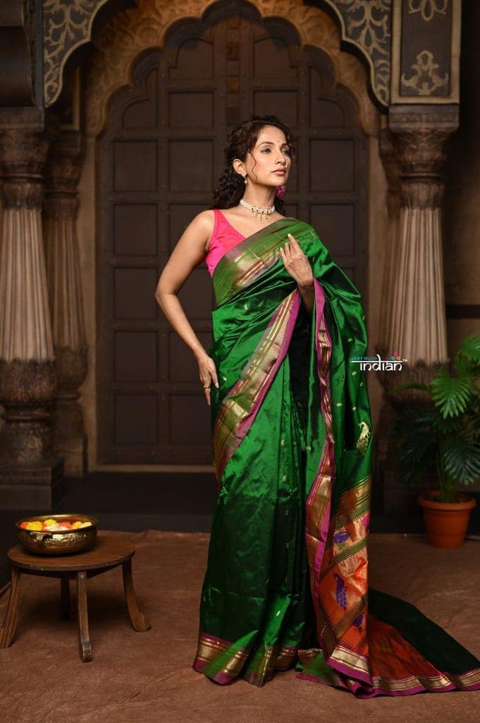 Parampara ~ Pure Silk Paithani with Exquisite Peacock & Lotus Pallu in Royal Green view 2