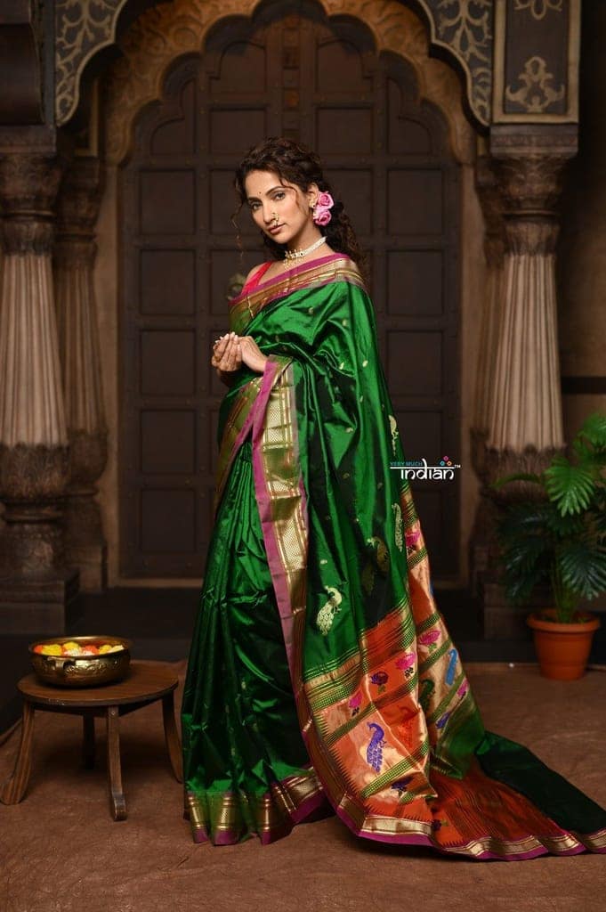 Parampara ~ Pure Silk Paithani with Exquisite Peacock & Lotus Pallu in Royal Green view 3