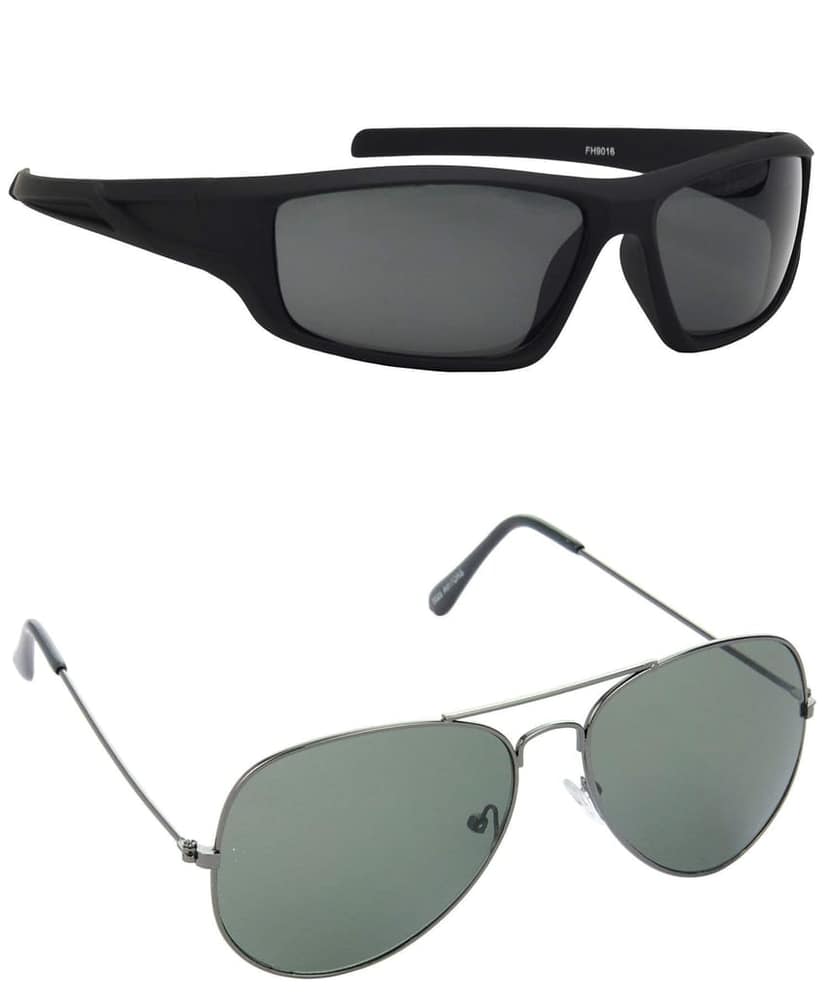 HRINKAR Men Sports Sunglasses Black & Grey Frame, Grey & Green Lens (Medium) - Pack of 2