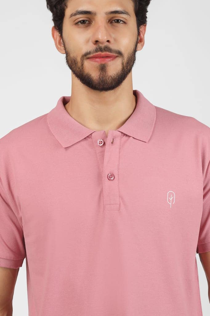 BLUEFICUS Men Solid Polo Neck Pure Cotton T-Shirt (Pink) view 4