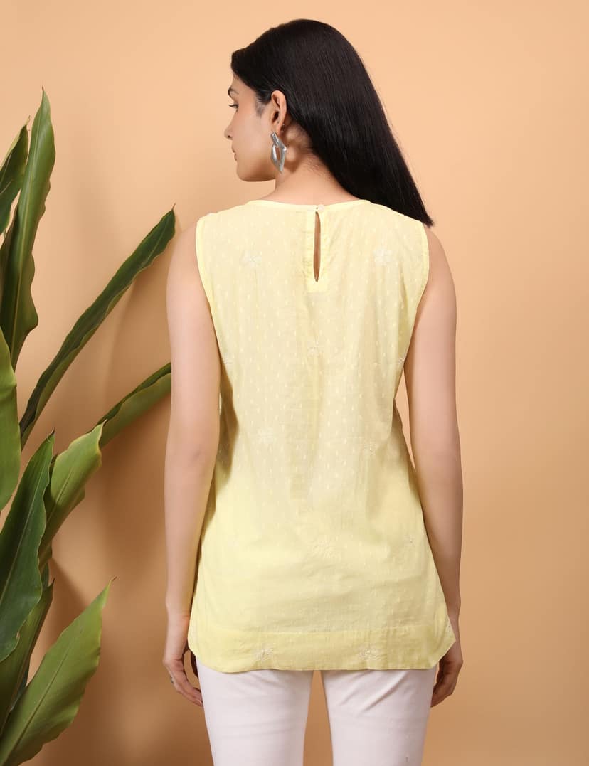 Shwet Women Yellow Chikankari Sleevless Top view 6